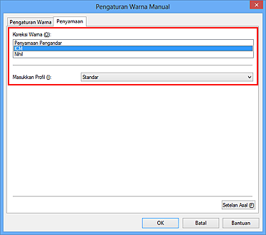 gambar: Pilih ICM untuk Koreksi Warna dalam kotak dialog Pengaturan Warna Manual