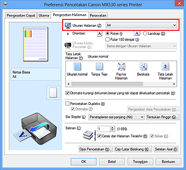 gambar: Ukuran Halaman pada tab Pengesetan Halaman