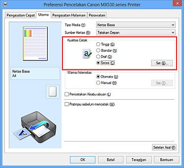 gambar: Pilih pada tab Utama, pilih Serasi untuk Kualitas Cetak