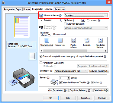 gambar: Pilih Serasi untuk Ukuran Halaman pada tab Pengesetan Halaman
