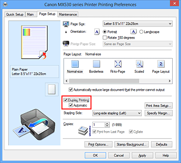 figura:Caseta de selectare Duplex Printing din fila Page Setup