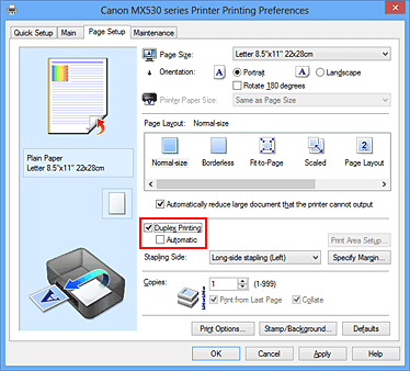 figura:Caseta de selectare Duplex Printing din fila Page Setup