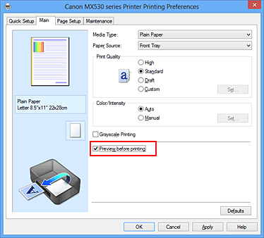 slika: potrditveno polje Preview before printing na kartici Main