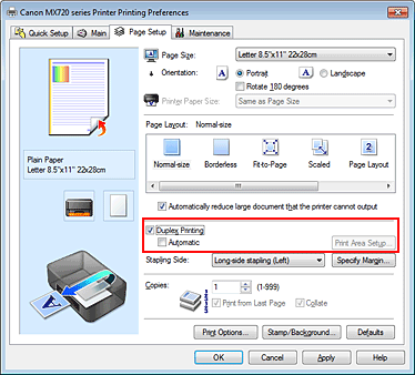 фигура: Квадратче за отметка „Duplex Printing„ в раздела „Page Setup”