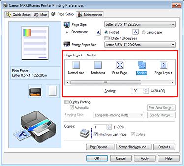 фигура: Избиране на „Scaled” за „Page Layout” в раздела „Page Setup”