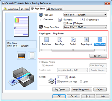 figure:Select Tiling/Poster for Page Layout on the Page Setup tab