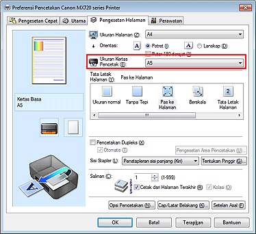 gambar: Ukuran Kertas Pencetak pada tab Pengesetan Halaman