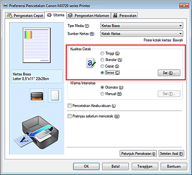 gambar: Pilih pada tab Utama, pilih Serasi untuk Kualitas Cetak