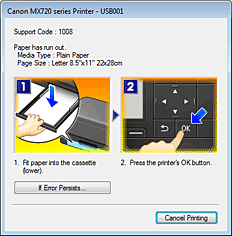 figura:Afişajul de erori de la Canon IJ Status Monitor