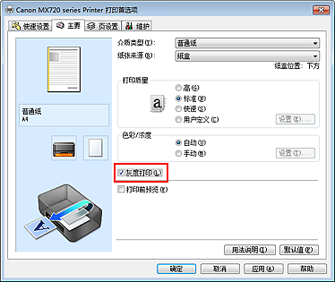 插图：“主要”选项卡上的“灰度打印”复选框