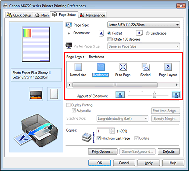 slika: v nastavitvi Page Layout na kartici Page Setup izberite Borderless