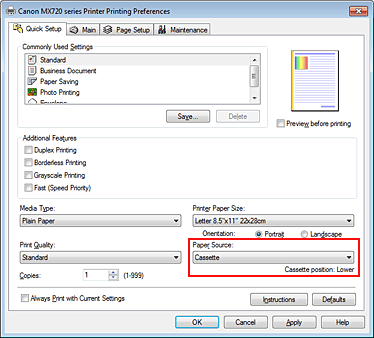 slika: možnost Paper Source na kartici Quick Setup