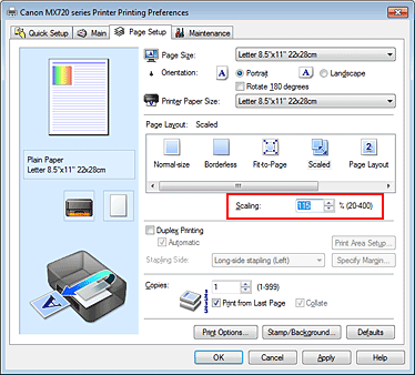 slika: možnost Scaling na kartici Page Setup