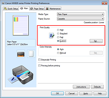 фигура: Избиране в раздела &bdquo;Основен&ldquo; на &bdquo;Персонализирано&ldquo; за &bdquo;Качество на печат&ldquo;