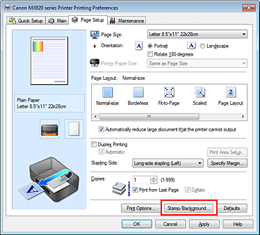 фигура: „Stamp/Background...” в раздела „Page Setup”