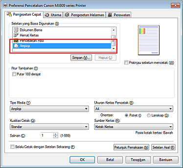 gambar: Pilih Amplop dari Setelan yang Biasa Digunakan dalam tab Pengesetan Cepat