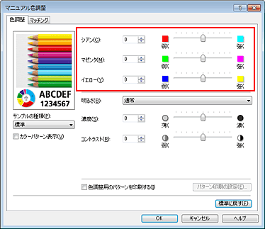 図：［マニュアル色調整］ダイアログボックスのカラーバランス