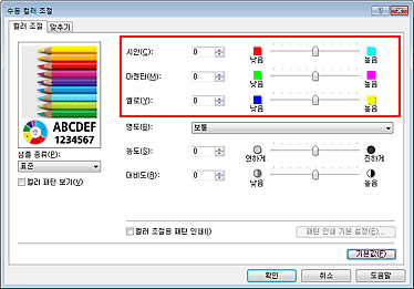 그림: [수동 컬러 조절] 대화 상자의 [컬러 균형]