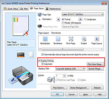 figura: Caixa de seleção Impressão Duplex na guia Configurar Página