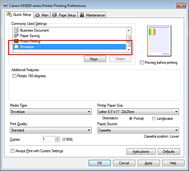 figura:Selectaţi Envelope de la Commonly Used Settings din fila Quick Setup