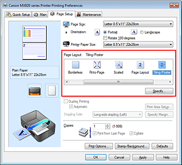 figura:Selectaţi Tiling/Poster pentru Page Layout din fila Page Setup