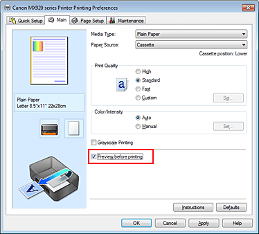 figura:Caseta de selectare Preview before printing de pe fila Main