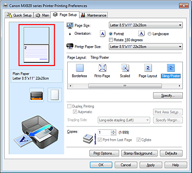 slika: predogled nastavitev na kartici Page Setup