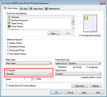 slika: možnost Print Quality na kartici Quick Setup