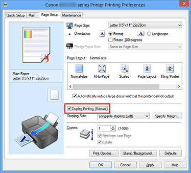 figure:Duplex Printing (Manual) check box on the Page Setup tab