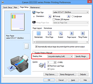 figure:Stapling Side on the Page Setup tab