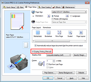 фигура: Квадратче за отметка „Duplex Printing (Manual)” в раздела „Page Setup”