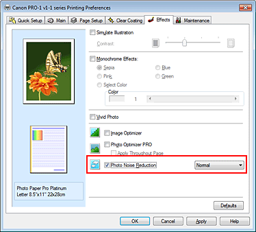 фигура: Квадратче за отметка &bdquo;Photo Noise Reduction&rdquo; в раздела &bdquo;Effects&rdquo;