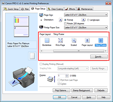 фигура: Избиране на „Tiling/Poster” за „Page Layout” в раздела „Page Setup”