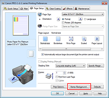 фигура: „Stamp/Background...” в раздела „Page Setup”