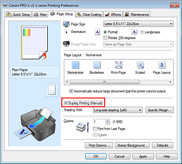 figure:Duplex Printing (Manual) check box on the Page Setup tab