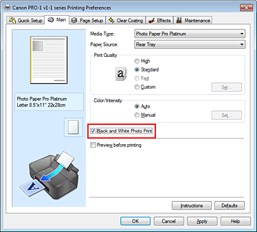 figure:Black and White Photo Print check box on the Main tab