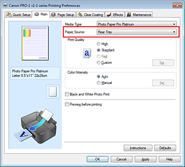 pav.: popieriaus šaltinio parinktis pagrindinių nuostatų skirtuke