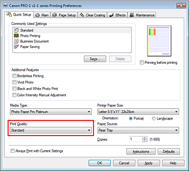 attēls: drukas kvalitāte cilnē Ātra iestatīšana