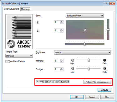 figura:Selectarea Print a pattern for color adjustment de pe fila Color Adjustment