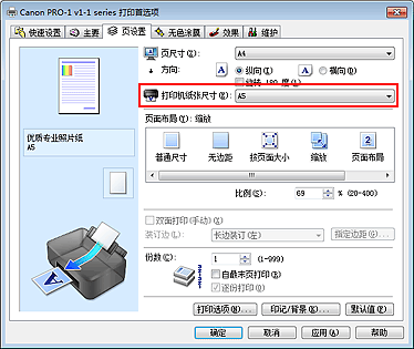 插图：“页设置”选项卡上的“打印机纸张尺寸”