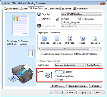 slika: možnost Copies na kartici Page Setup