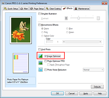 slika: potrditveno polje Image Optimizer na kartici Effects