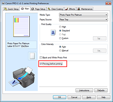 slika: potrditveno polje Preview before printing na kartici Main