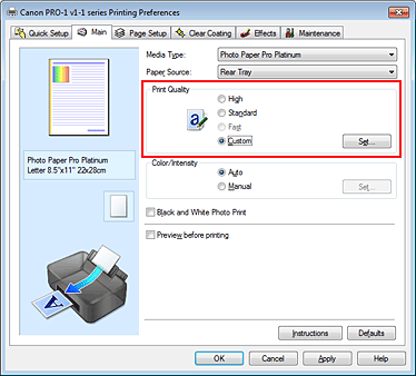 slika: izbira možnosti Po meri za nastavitev kakovosti tiskanja na kartici Glavno