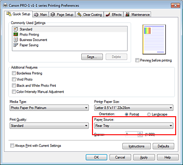 slika: možnost Paper Source na kartici Quick Setup