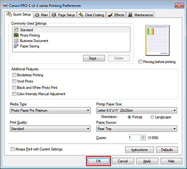 slika: možnost OK na kartici Quick Setup