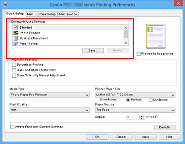 figure:Commonly Used Settings on the Quick Setup tab