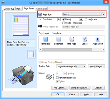 figure:Select Custom for Page Size on the Page Setup tab