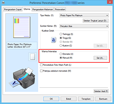 gambar: Pilih Manual untuk Warna/Intensitas pada tab Utama