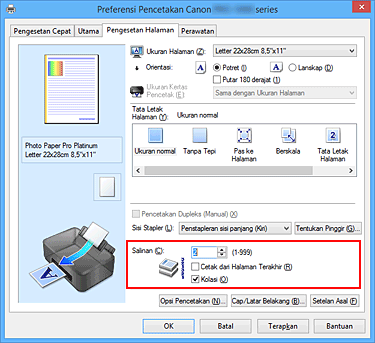 gambar: Salinan pada tab Pengesetan Halaman